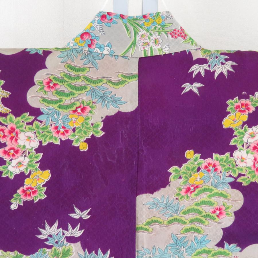 羽織 アンティーク 昔羽織 正絹 紫x緑x黄色 雲取りに花々模様 地模様