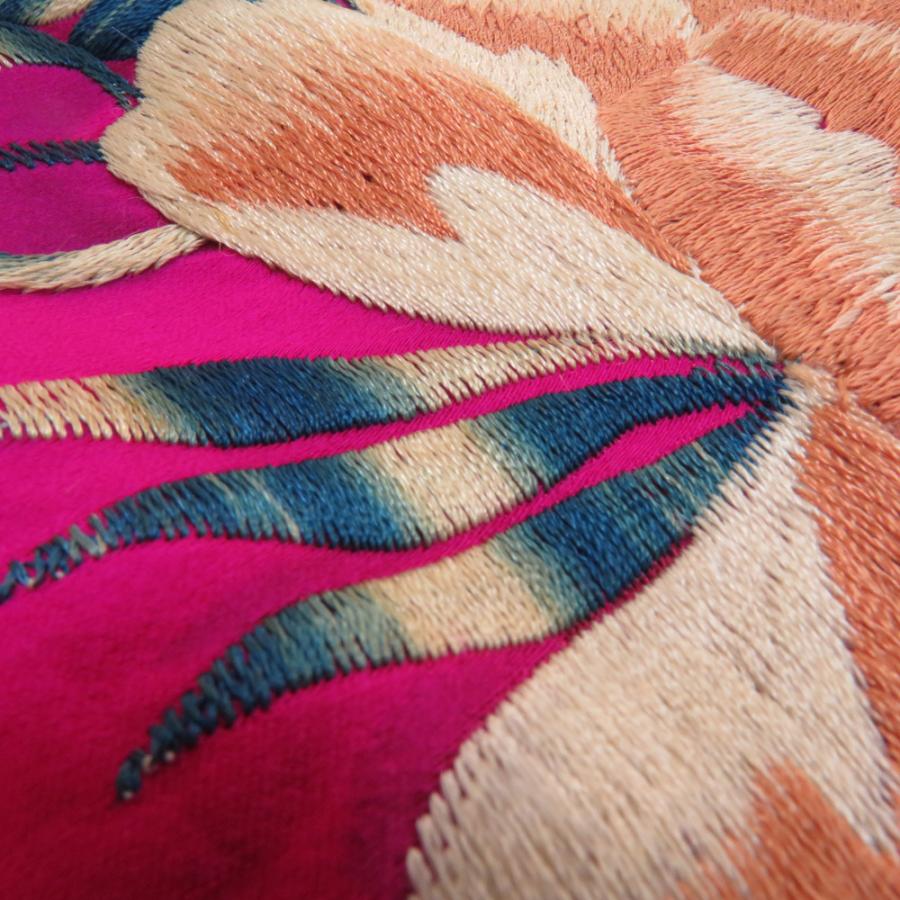 半幅帯 アンティーク 絹 日本刺繍 希少 花柄 ピンクxベージュx青