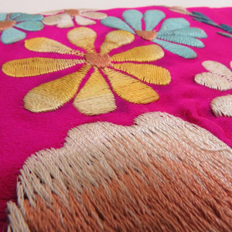 半幅帯 アンティーク 絹 日本刺繍 希少 花柄 ピンクｘベージュｘ青 仕立て上がり 長さ348cm 【キモノオフ野々市若松店】 半幅帯 アンティーク 絹 日本刺繍 希少 花柄 ピンクxベージュx青