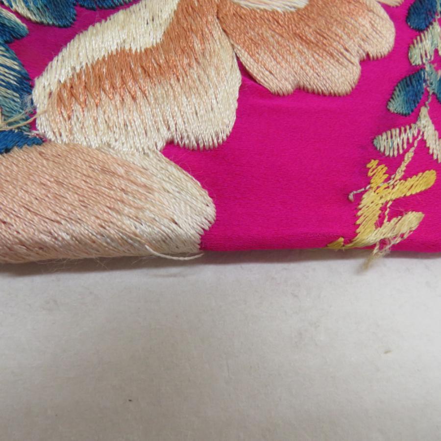 半幅帯 アンティーク 絹 日本刺繍 希少 花柄 ピンクxベージュx青