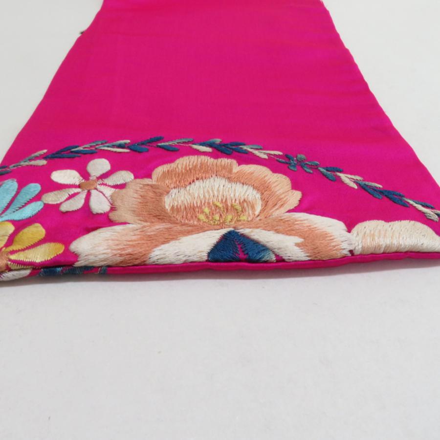 半幅帯 アンティーク 絹 日本刺繍 希少 花柄 ピンクxベージュx青