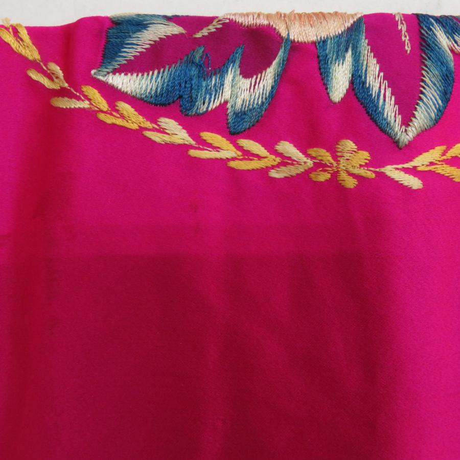 半幅帯 アンティーク 絹 日本刺繍 希少 花柄 ピンクxベージュx青