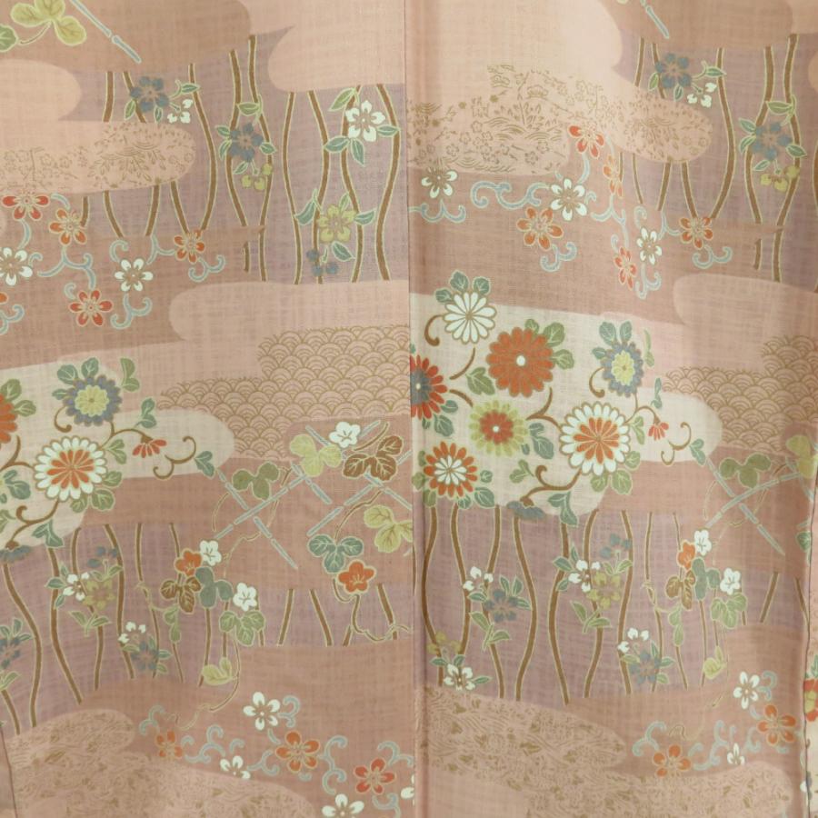 小紋 くすみピンクx多色 小花に霞模様 正絹 袷 広衿 仕立て上がり着物