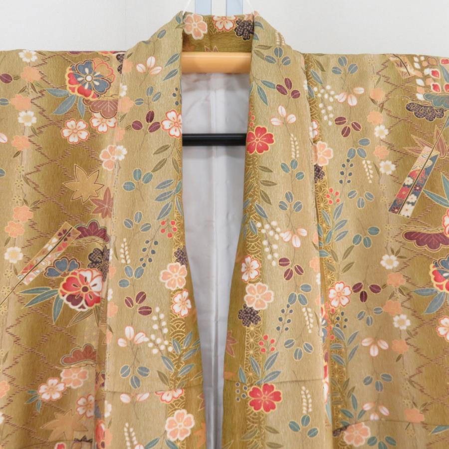 小紋 黄緑x緑色x茶色 小花に紅葉や麻の葉など 正絹 袷 広衿 仕立て 
