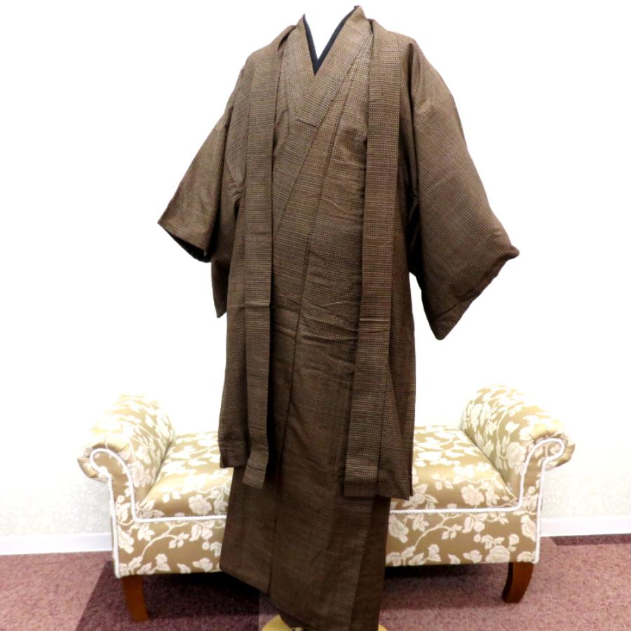 男着物 男性用 紬アンサンブルセット 袷 茶 ベージュ 正絹 男性用 