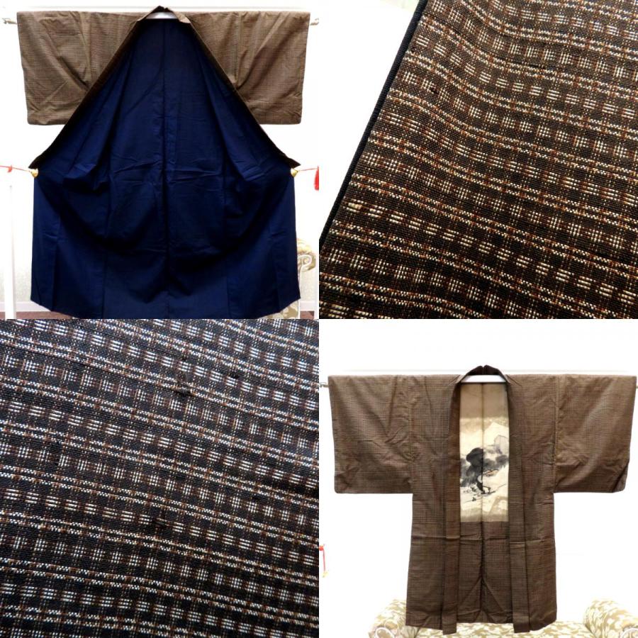 男着物 男性用 紬アンサンブルセット 袷 茶 ベージュ 正絹 男性用
