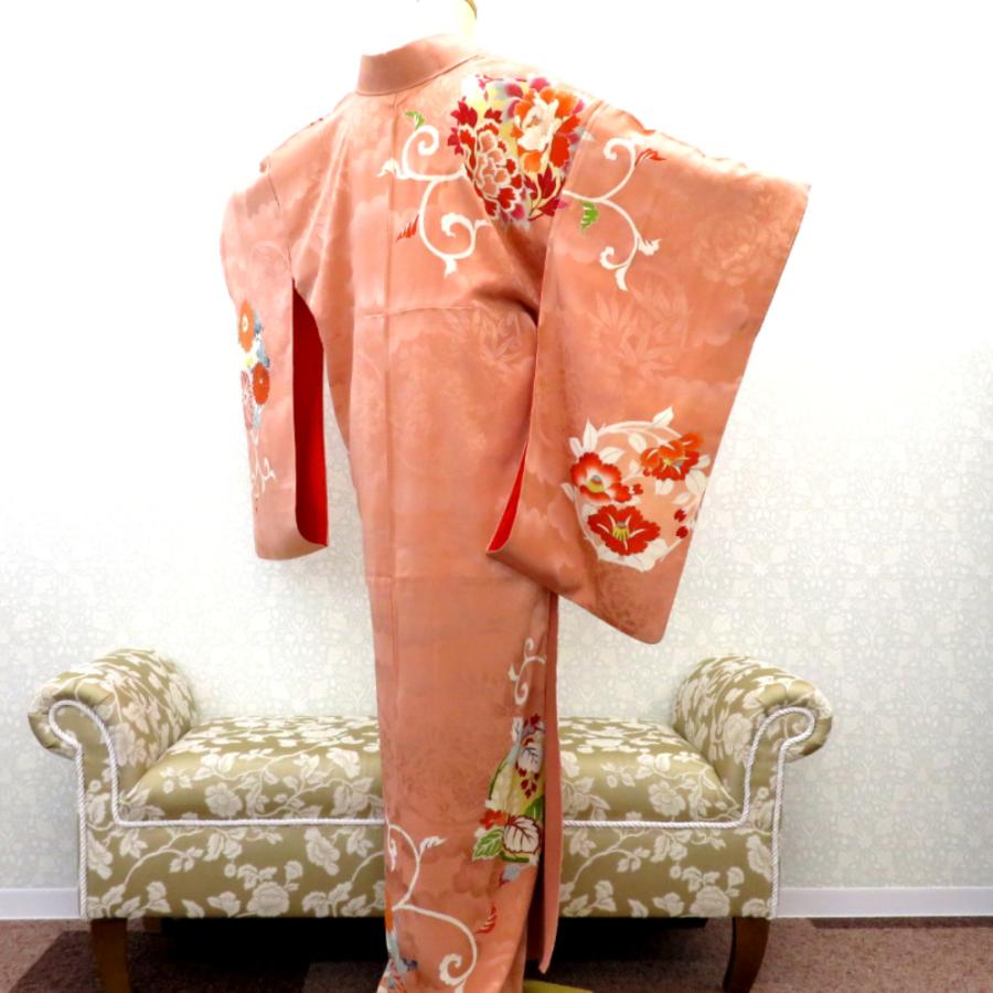 訪問着 昔 アンティーク 昔着物 ピンク 多色 花の丸 鳳凰 一部刺繍 地