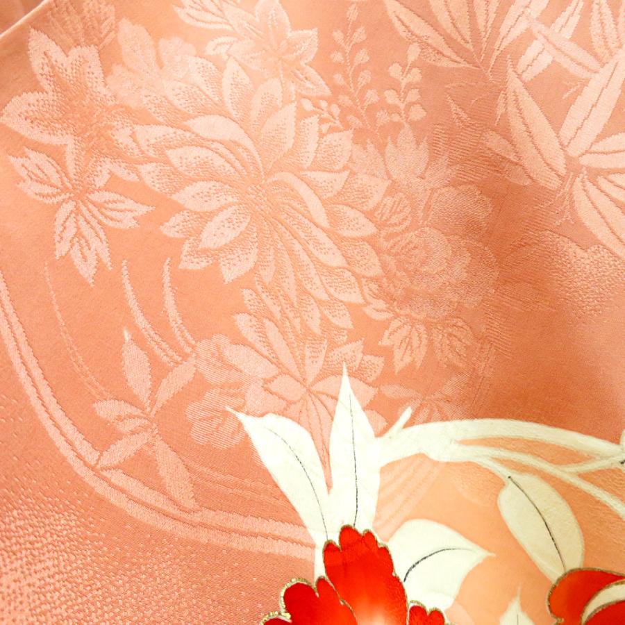 訪問着 昔 アンティーク 昔着物 ピンク 多色 扇面 花 雅楽器 一部刺繍 地模様あり バチ衿 正絹 昔きもの レトロ 明治・大正ロマン  身丈147cm 【キモノオフ野々市若松店】 訪問着 昔 アンティーク 昔着物 ピンク 多色 花の丸 鳳凰 一部刺繍 地