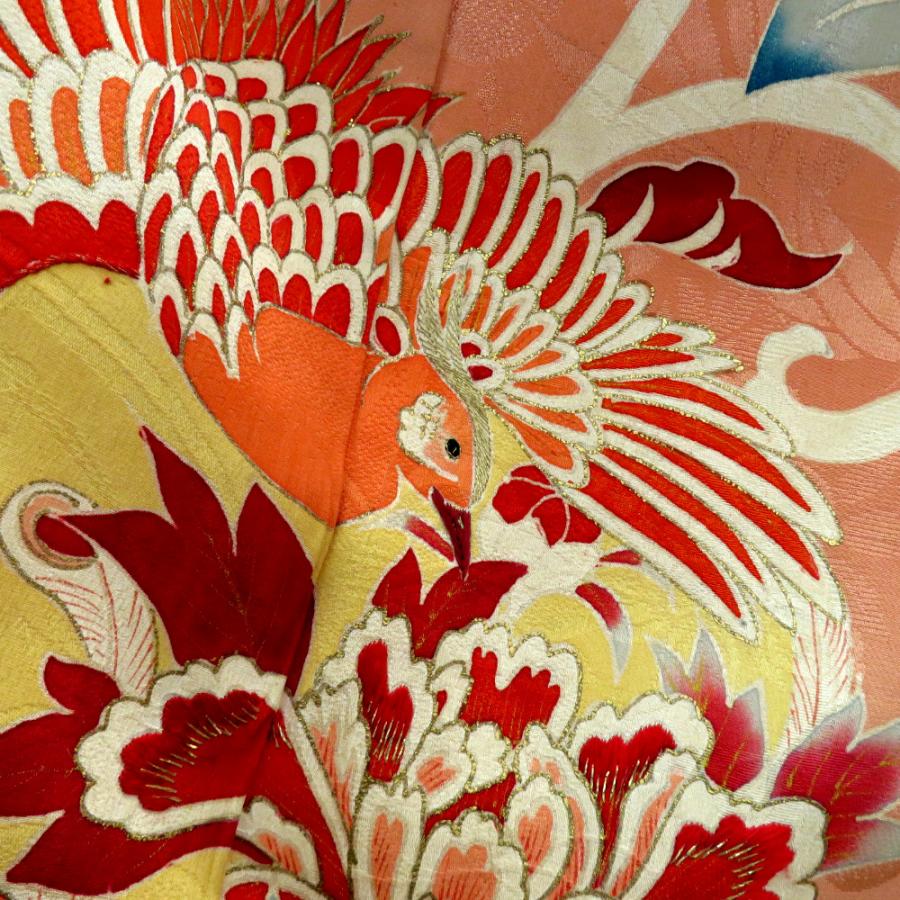 訪問着 昔 アンティーク 昔着物 ピンク 多色 花の丸 鳳凰 一部刺繍 地模様あり 広衿 正絹 昔きもの レトロ 明治・大正ロマン  身丈151.3cm 【キモノオフ野々市若松店】 訪問着 昔 アンティーク 昔着物 ピンク 多色 花の丸 鳳凰 一部刺繍 地