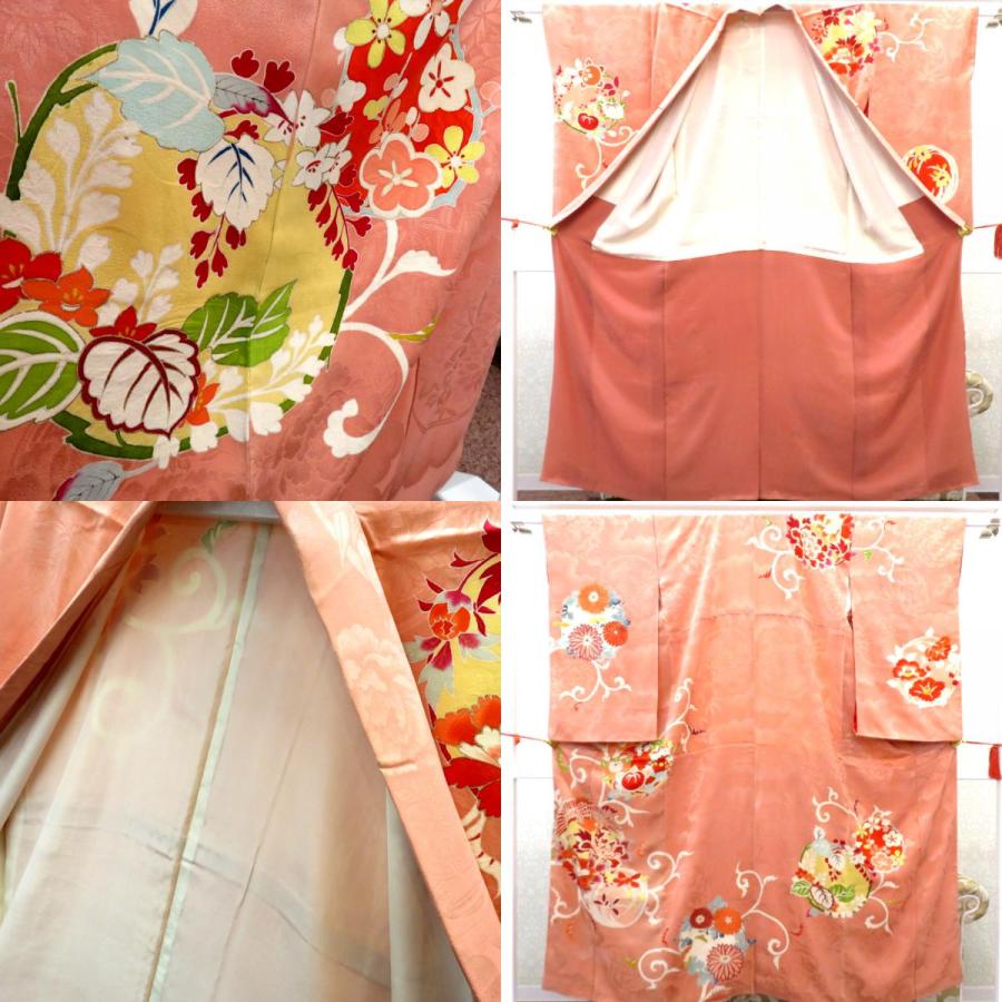 訪問着 昔 アンティーク 昔着物 ピンク 多色 花の丸 鳳凰 一部刺繍 地