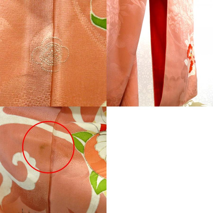 訪問着 昔 アンティーク 昔着物 ピンク 多色 花の丸 鳳凰 一部刺繍 地