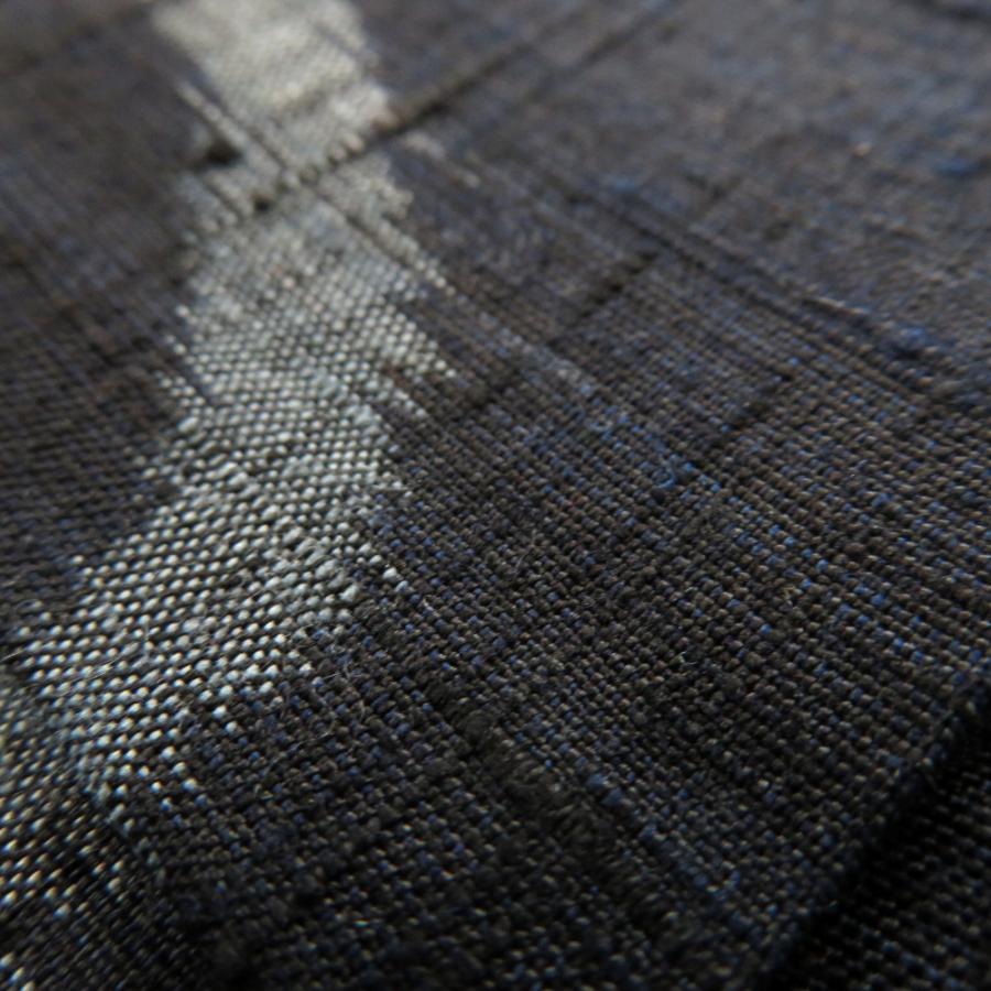 紬 着物 本真綿織 正絹 紺 水色 唐草 袷 広衿 端布付き しつけ糸付き