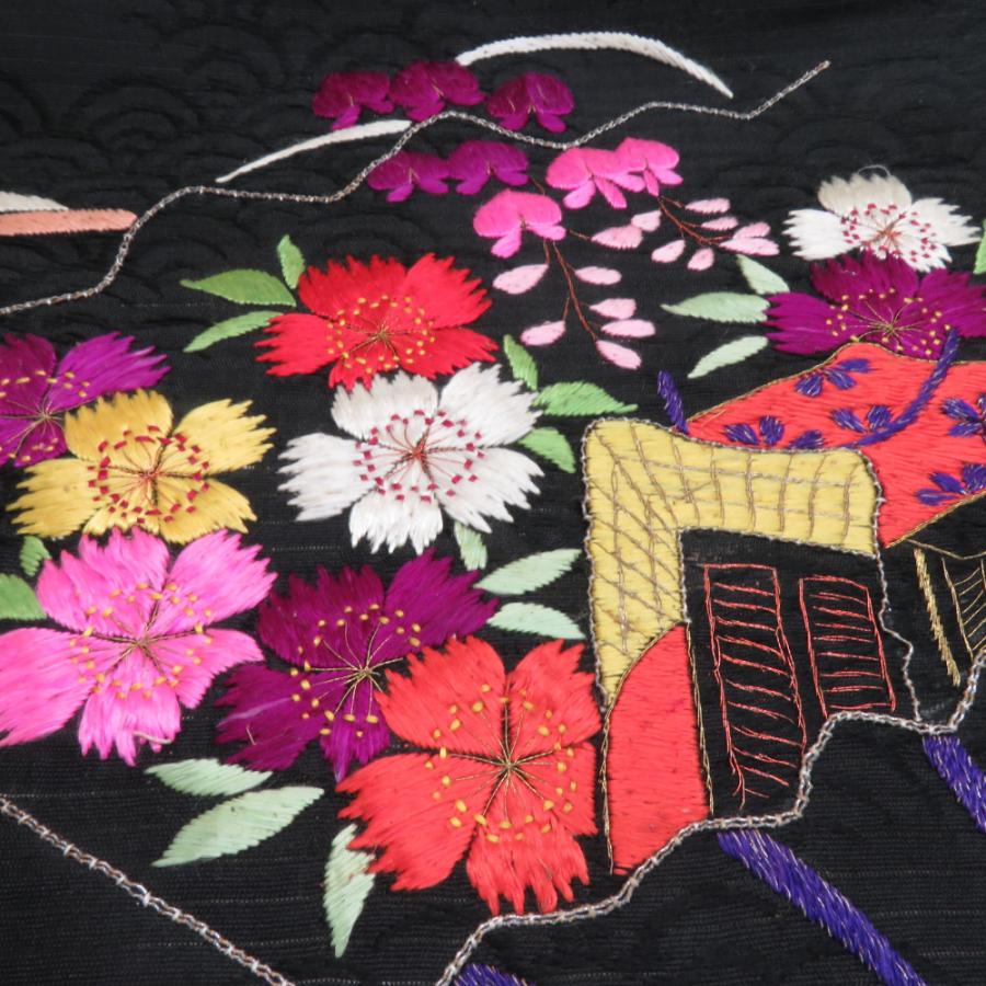 名古屋帯 正絹 アンティーク 夏用 総刺繍 撫子と藤に源氏車柄 お太鼓柄