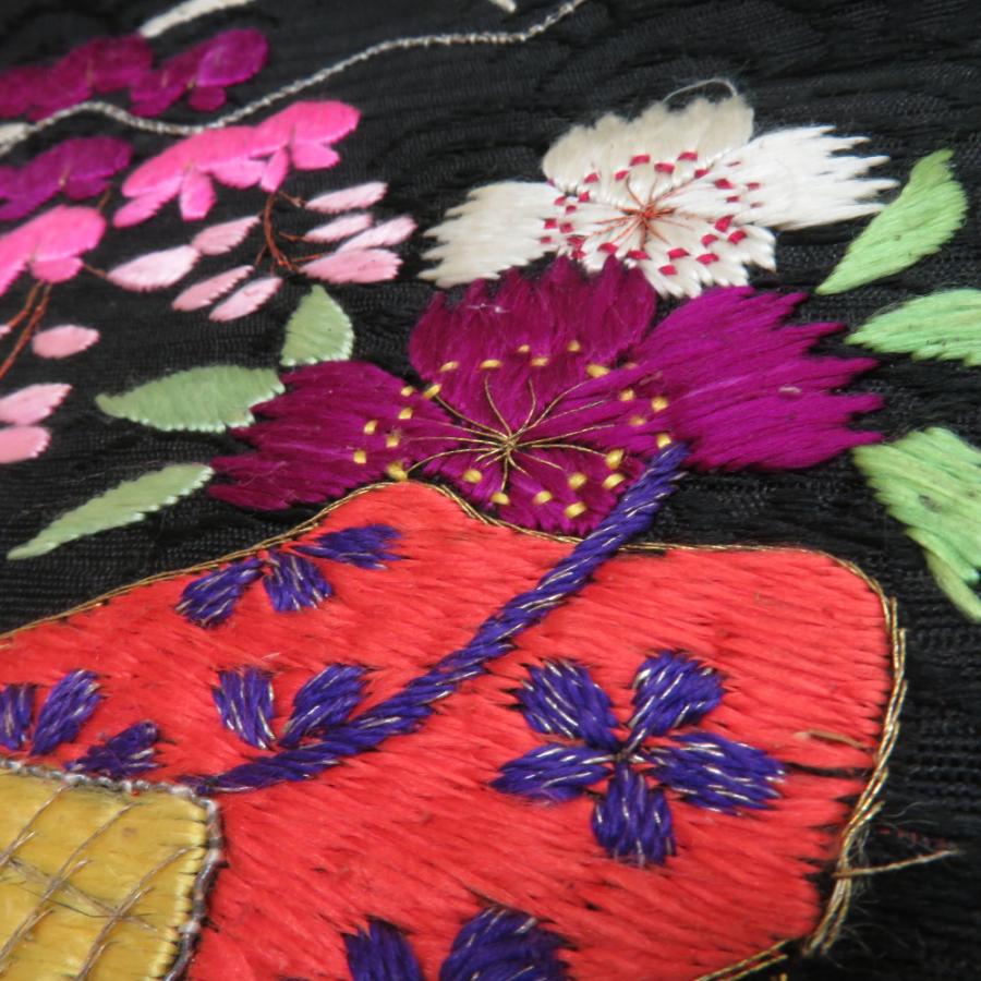 名古屋帯 正絹 アンティーク 夏用 総刺繍 撫子と藤に源氏車柄 お太鼓柄