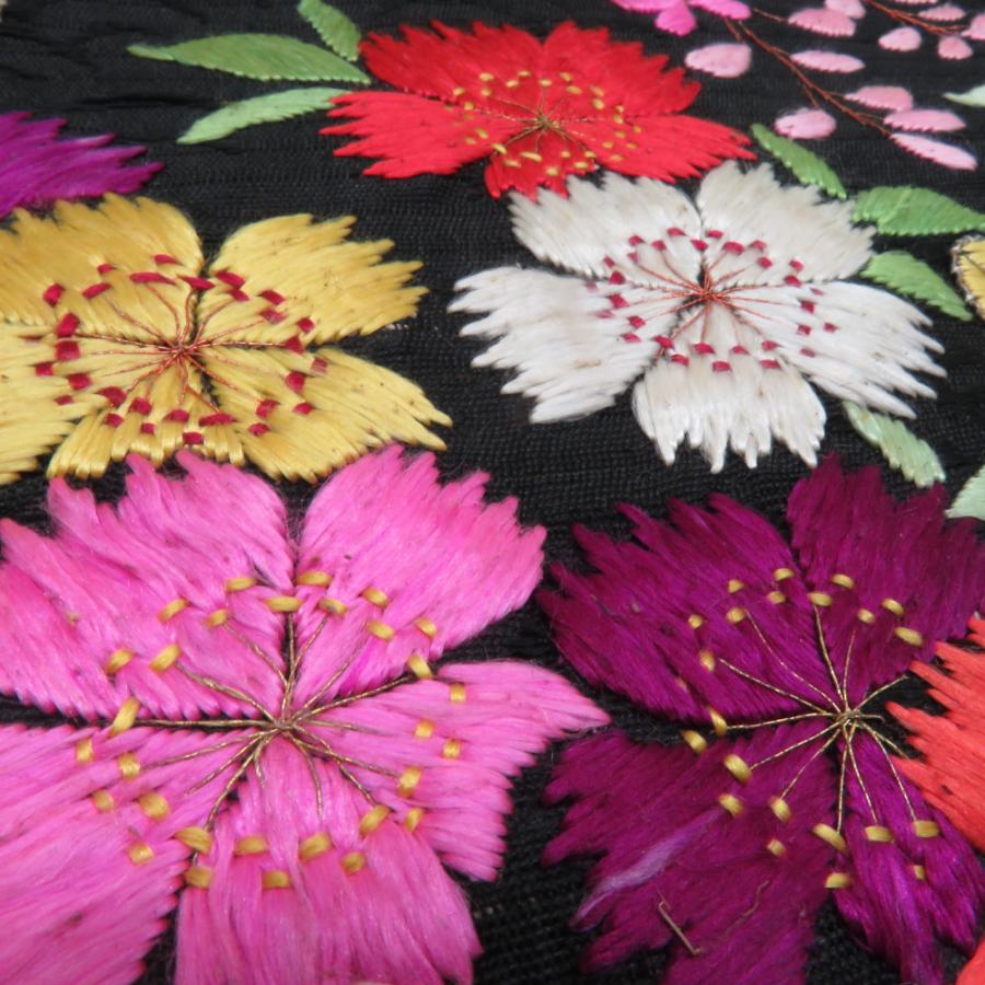 名古屋帯 正絹 アンティーク 夏用 総刺繍 撫子と藤に源氏車柄 お太鼓柄