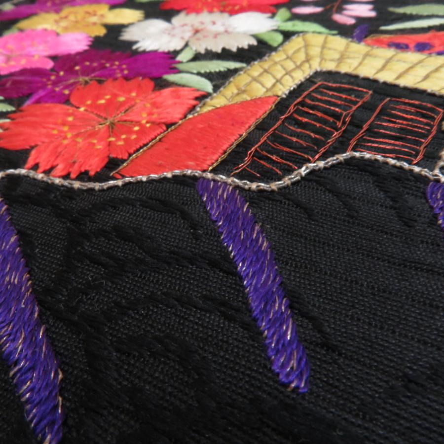 名古屋帯 正絹 アンティーク 夏用 総刺繍 撫子と藤に源氏車柄 お太鼓柄 
