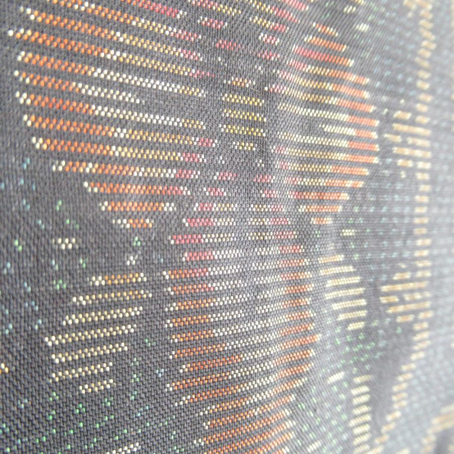 紬 着物 大島紬 幾何学模様に花 黒色ｘオレンジ色ｘ緑色 袷 広衿 正絹 仕立て上がり着物 身丈158cm |  | 05