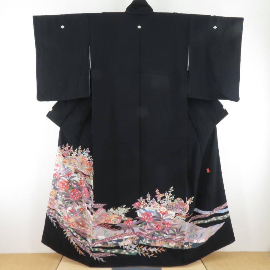本加賀友禅 黒留袖 法邑利博 名所に花柄 正絹 袷 広衿 比翼付 落款入 