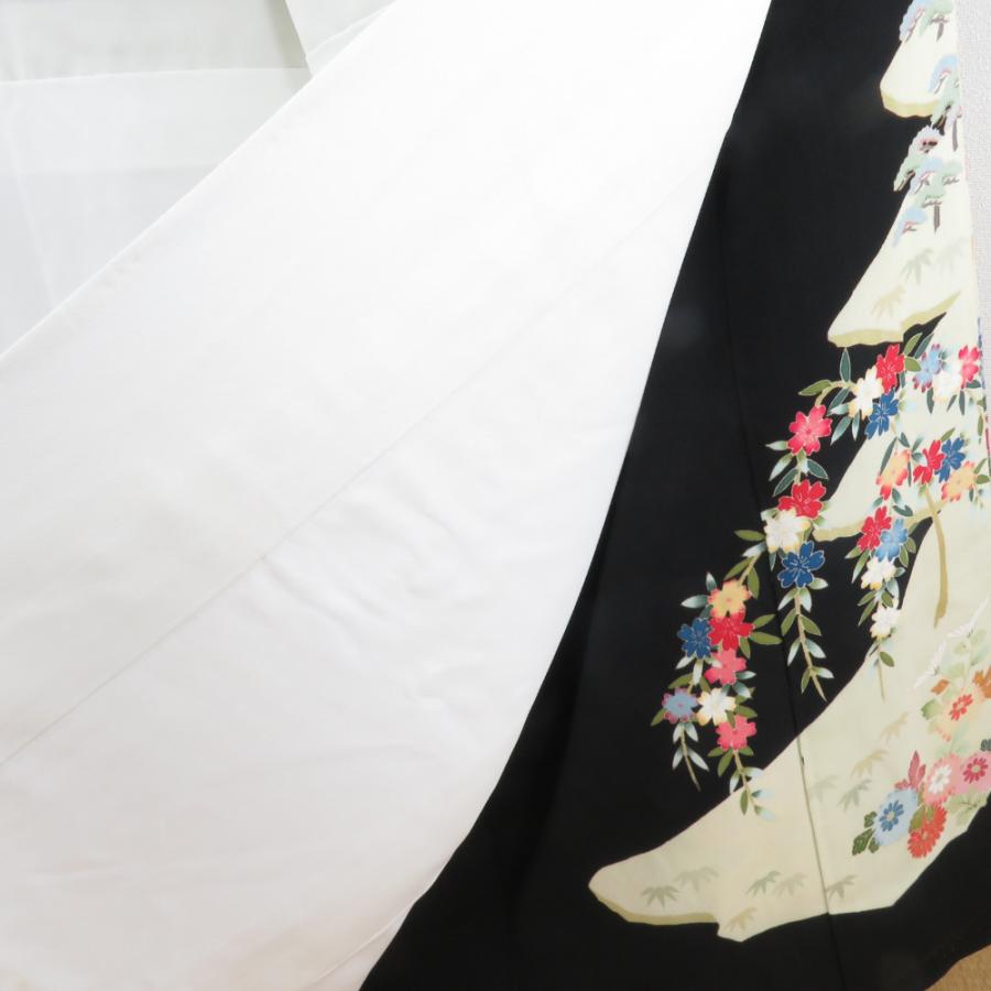 本加賀友禅 黒留袖 鶴見保次 鴛鴦に花風景柄 正絹 袷 広衿 比翼付 落款