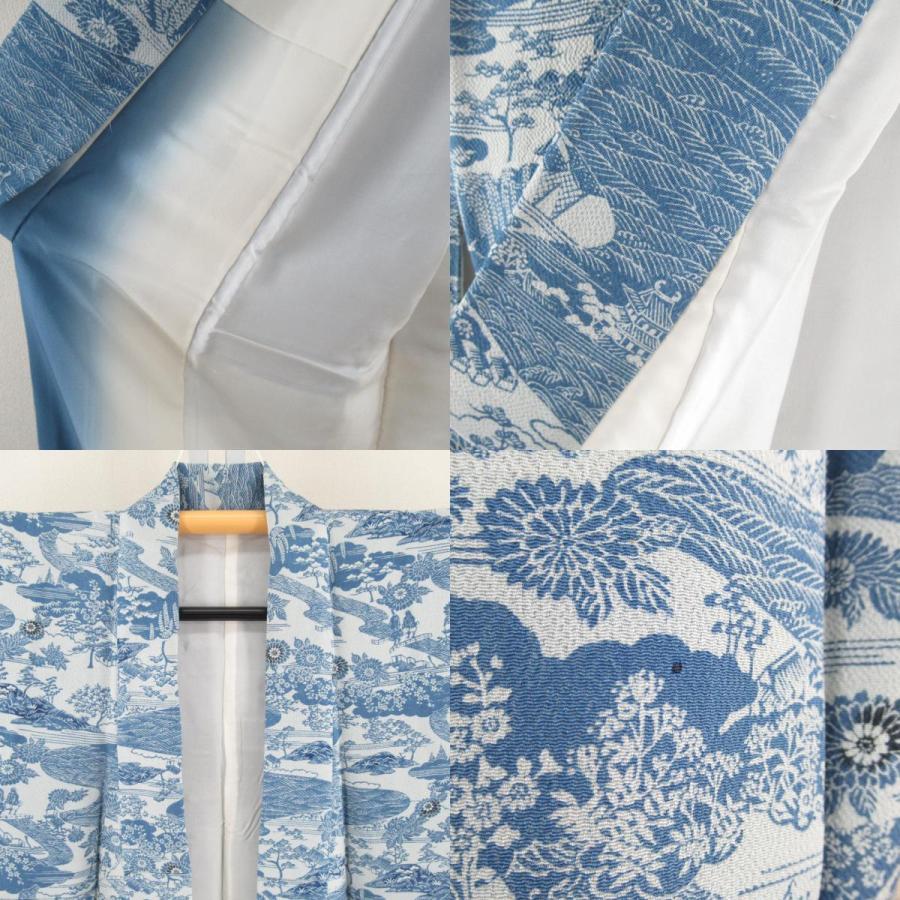 色柄がキレイ【小紋】　藍色 小紋 水色x薄青色 藍染 縮緬 風景に人物模様 正絹 袷 バチ衿 仕立て