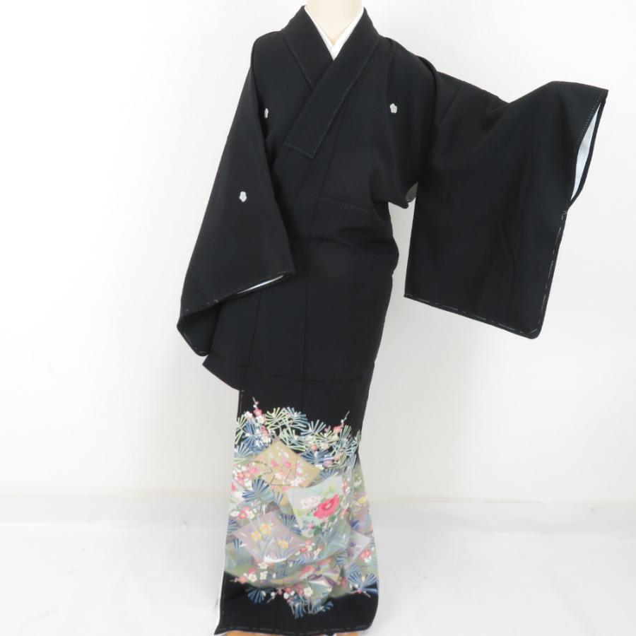 本加賀友禅 黒留袖 北田弓子 花色紙に松梅柄 正絹 袷 広衿 比翼付 落款 