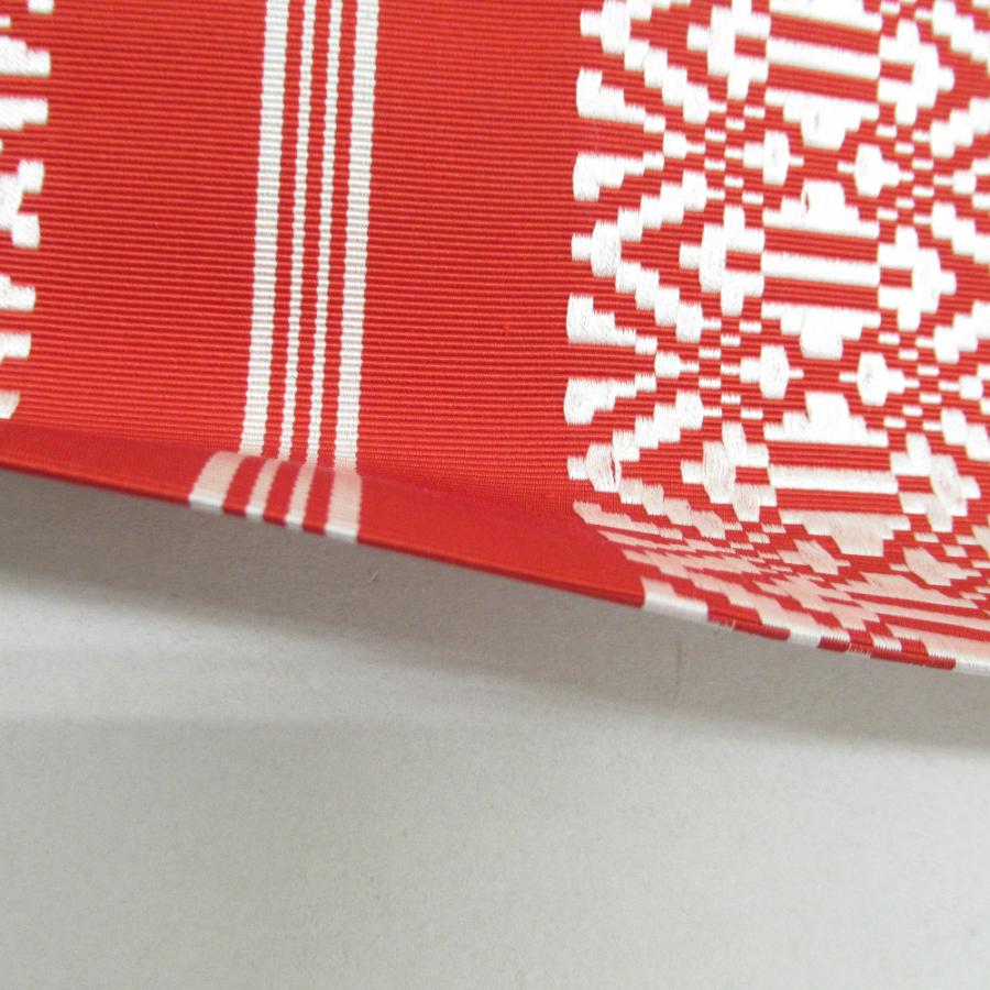 名古屋帯 博多織 正絹 赤x白色 献上柄 全通柄 カジュアル 仕立て