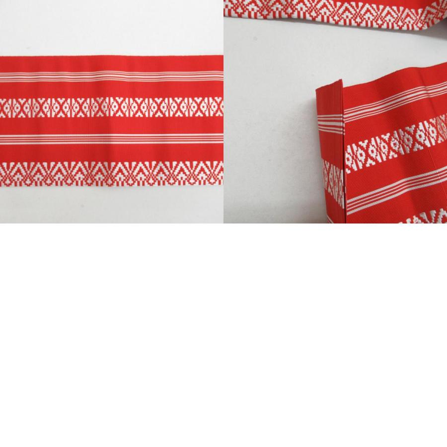 名古屋帯 博多織 正絹 赤x白色 献上柄 全通柄 カジュアル 仕立て