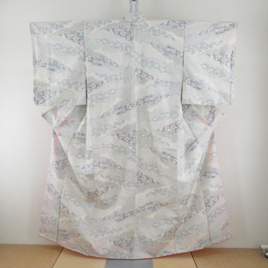 紬 着物 唐草に花の切嵌模様 白色ｘグレーブルー 袷 広衿 正絹 仕立て上がり着物 身丈156cm 【キモノオフ野々市若松店】 紬 着物 唐草に花の切嵌模様 白色xグレーブルー 袷 広衿 正絹 仕立て