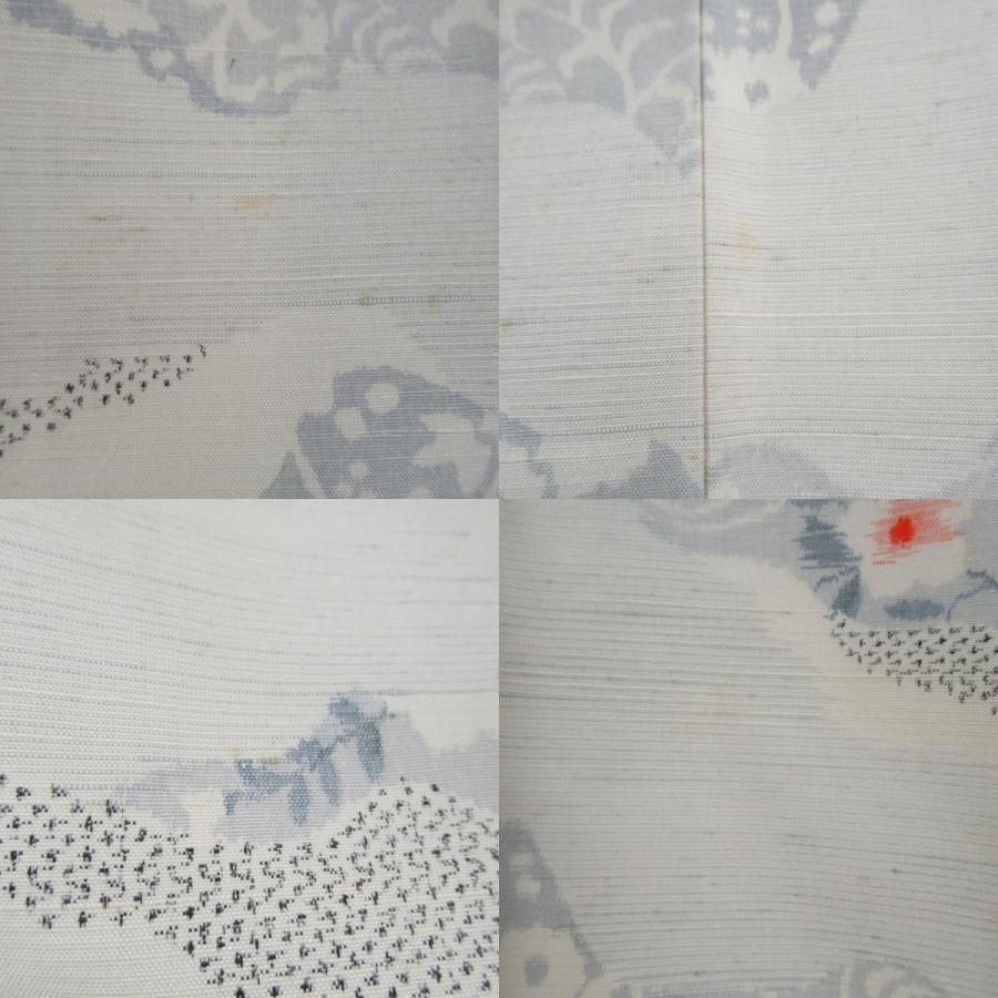 紬 着物 唐草に花の切嵌模様 白色ｘグレーブルー 袷 広衿 正絹 仕立て上がり着物 身丈156cm 【キモノオフ野々市若松店】 紬 着物 唐草に花の切嵌模様 白色xグレーブルー 袷 広衿 正絹 仕立て