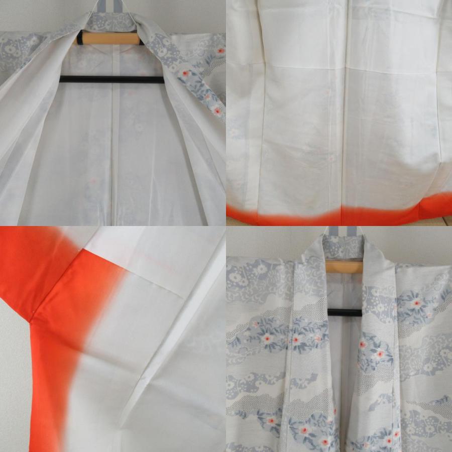 紬 着物 唐草に花の切嵌模様 白色ｘグレーブルー 袷 広衿 正絹 仕立て上がり着物 身丈156cm 【キモノオフ野々市若松店】 紬 着物 唐草に花の切嵌模様 白色xグレーブルー 袷 広衿 正絹 仕立て