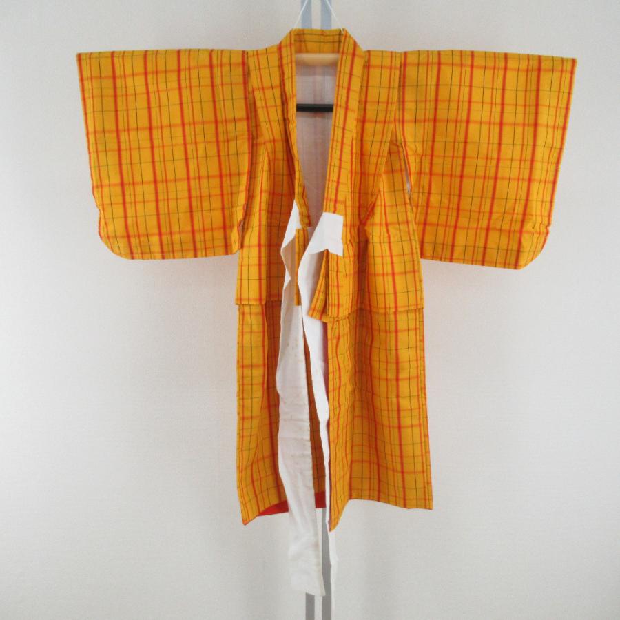 子供着物 絹 紬 格子模様 黄色x赤色 女児用 アンサンブル 身丈90.5cm