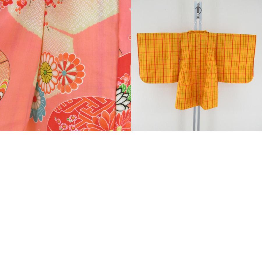 子供着物 絹 紬 格子模様 黄色ｘ赤色 女児用 アンサンブル 身丈90.5cm 【キモノオフ野々市若松店】 子供着物 絹 紬 格子模様 黄色x赤色 女児用 アンサンブル 身丈90.5cm