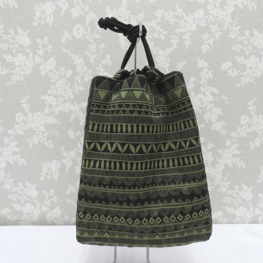 和装バッグ 信玄袋 男性用 和装バッグ カーキ×ブラック モダン柄 巾着 カジュアル 手提げバッグ 着物バッグ 新品 | 