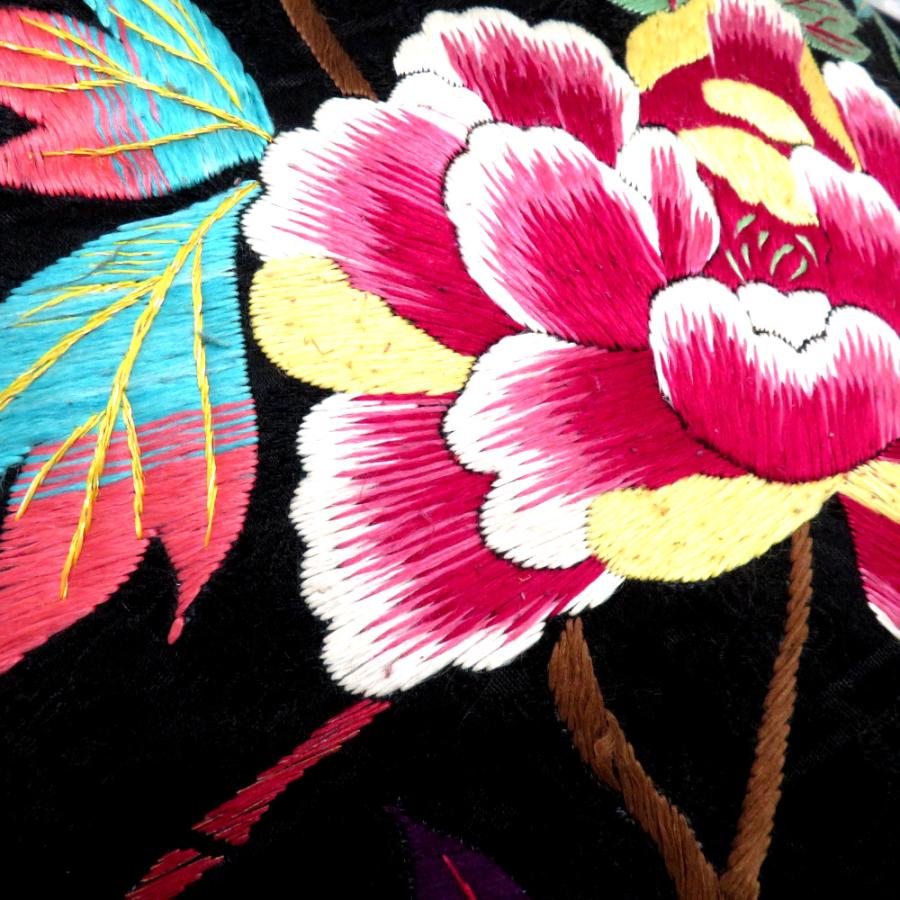 名古屋帯 繻子 昔 アンティーク帯 昔名古屋帯 黒 多色 大花 刺繍