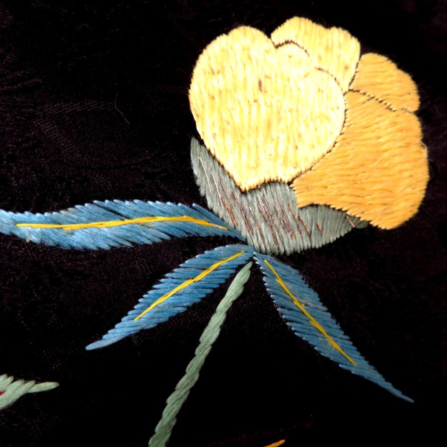 名古屋帯 繻子 昔 アンティーク帯 昔名古屋帯 黒 多色 大花 刺繍