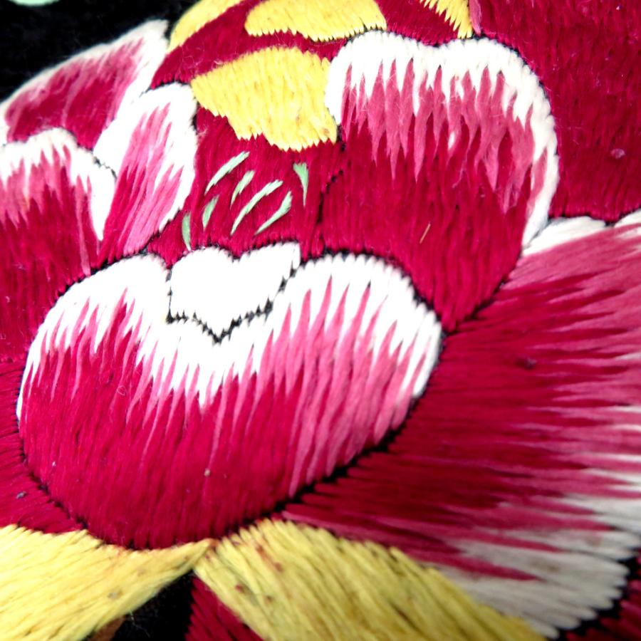 名古屋帯 繻子 昔 アンティーク帯 昔名古屋帯 黒 多色 大花 刺繍