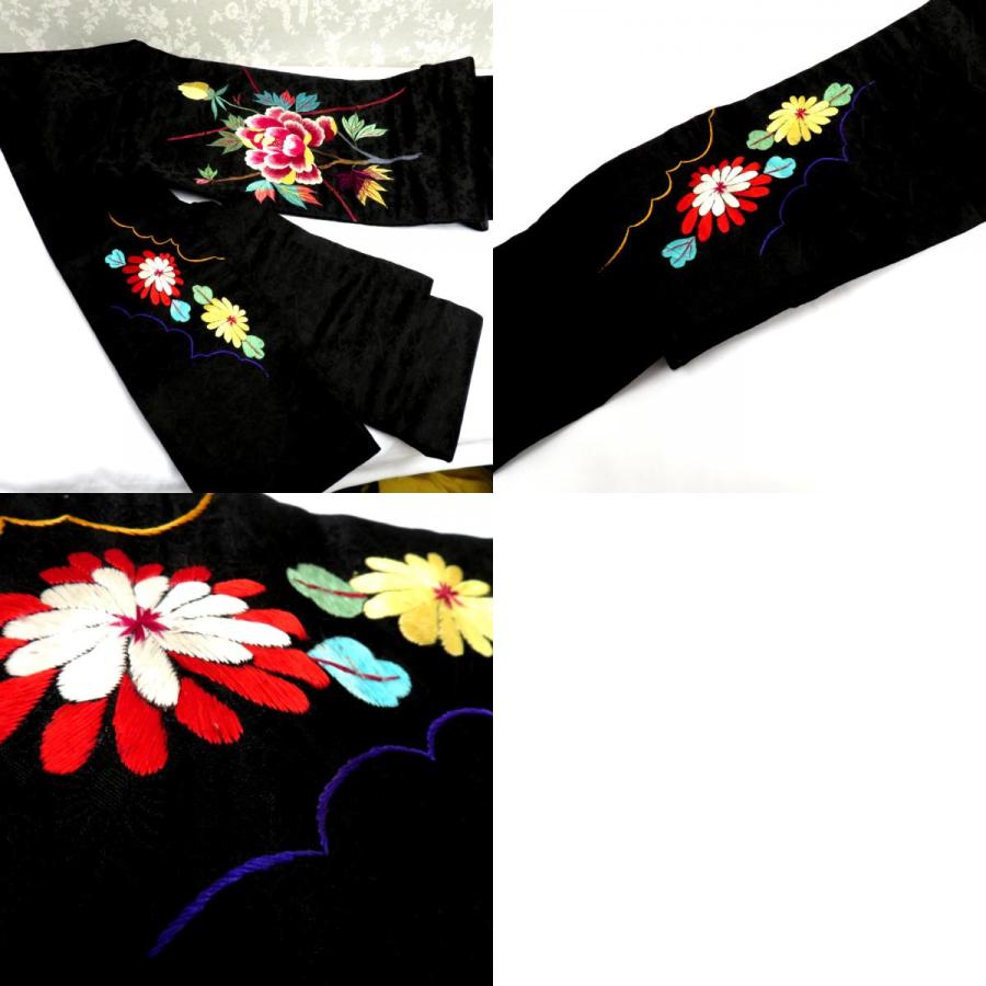 名古屋帯 繻子 昔 アンティーク帯 昔名古屋帯 黒 多色 大花 刺繍