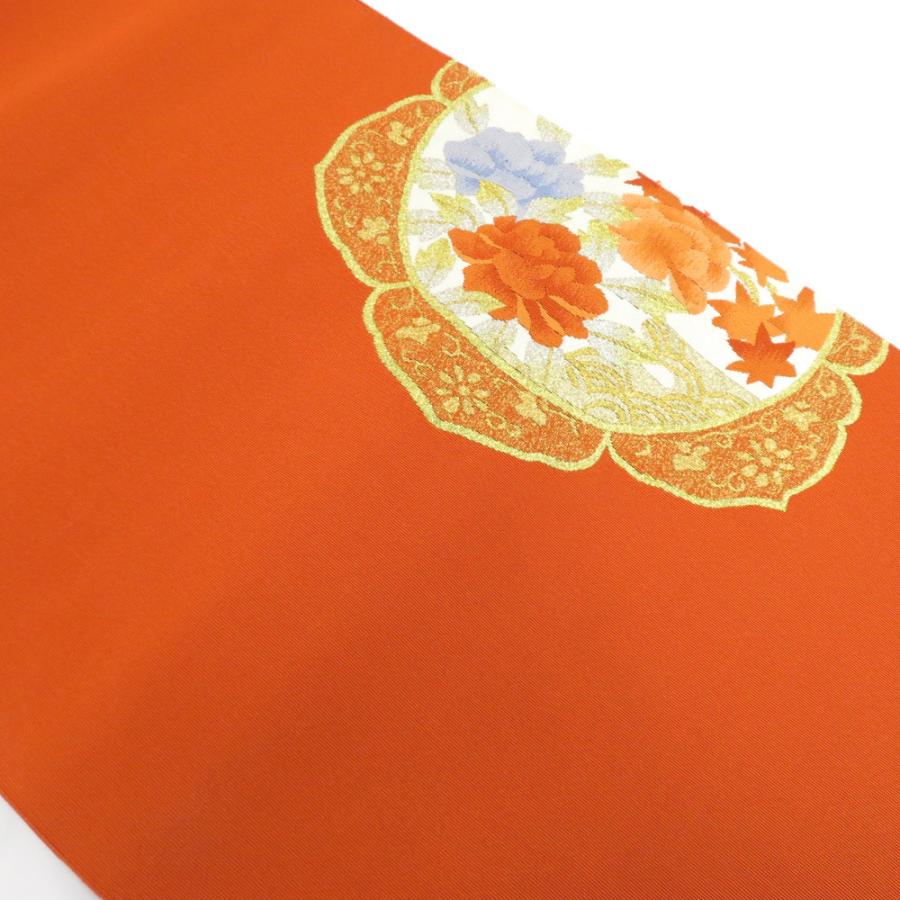 名古屋帯 本つづれ帯 朱地 金糸 華文紋様 お太鼓柄 正絹 桐箱入 つづれ オレンジ系 長さ370cm 【キモノオフ野々市若松店】 名古屋帯 本つづれ帯 朱地 金糸 華文紋様 お太鼓柄 正絹 桐箱入 つづれ