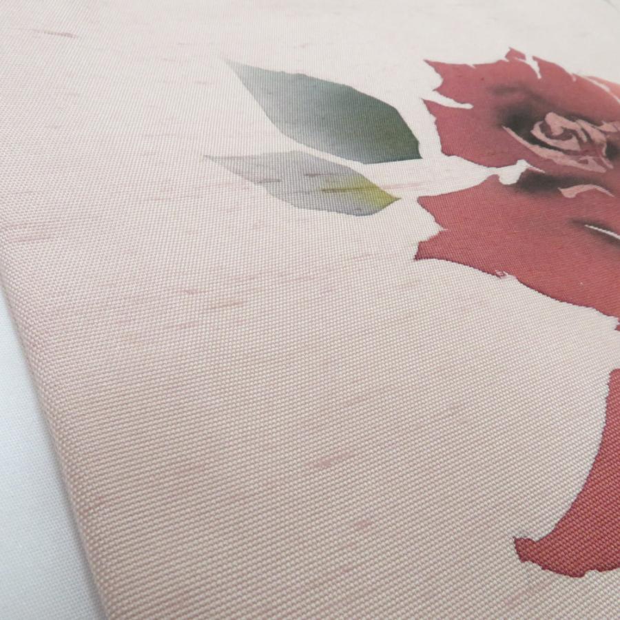 名古屋帯 正絹 紬地 薄ピンク地 薔薇柄 お太鼓柄 九寸帯 作家物 落款付