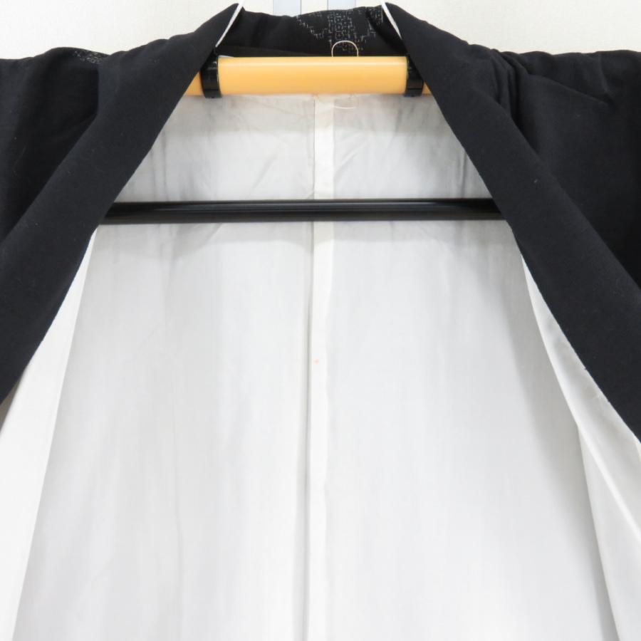 紬 着物 雪輪に松模様 黒色x灰色 袷 バチ衿 絹 仕立て上がり着物 身丈