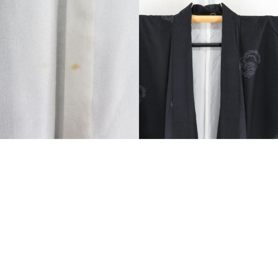 紬 着物 雪輪に松模様 黒色x灰色 袷 バチ衿 絹 仕立て上がり着物 身丈
