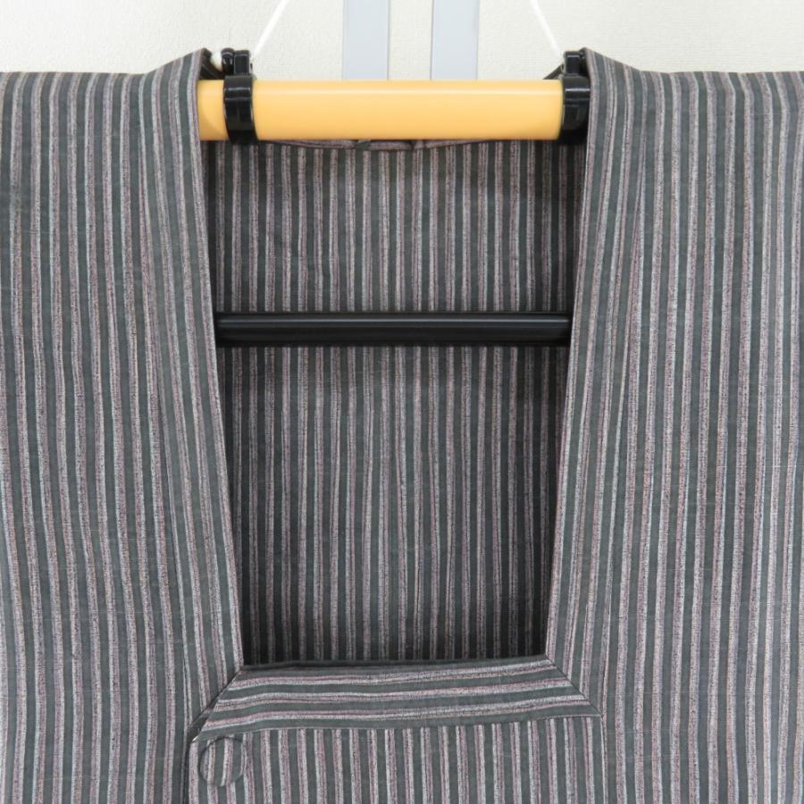 道行 紬 グレーｘ薄ピンク 縞模様 正絹 着物コート 和装用 ちりよけ 身丈120cm 【キモノオフ野々市若松店】 道行 紬 グレーx薄ピンク 縞模様 正絹 着物コート 和装用 ちりよけ