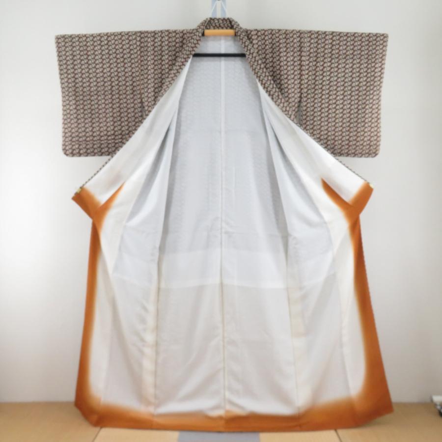 小紋 小花模様 茶色xクリーム色 正絹 袷 広衿 仕立て上がり着物 身丈 