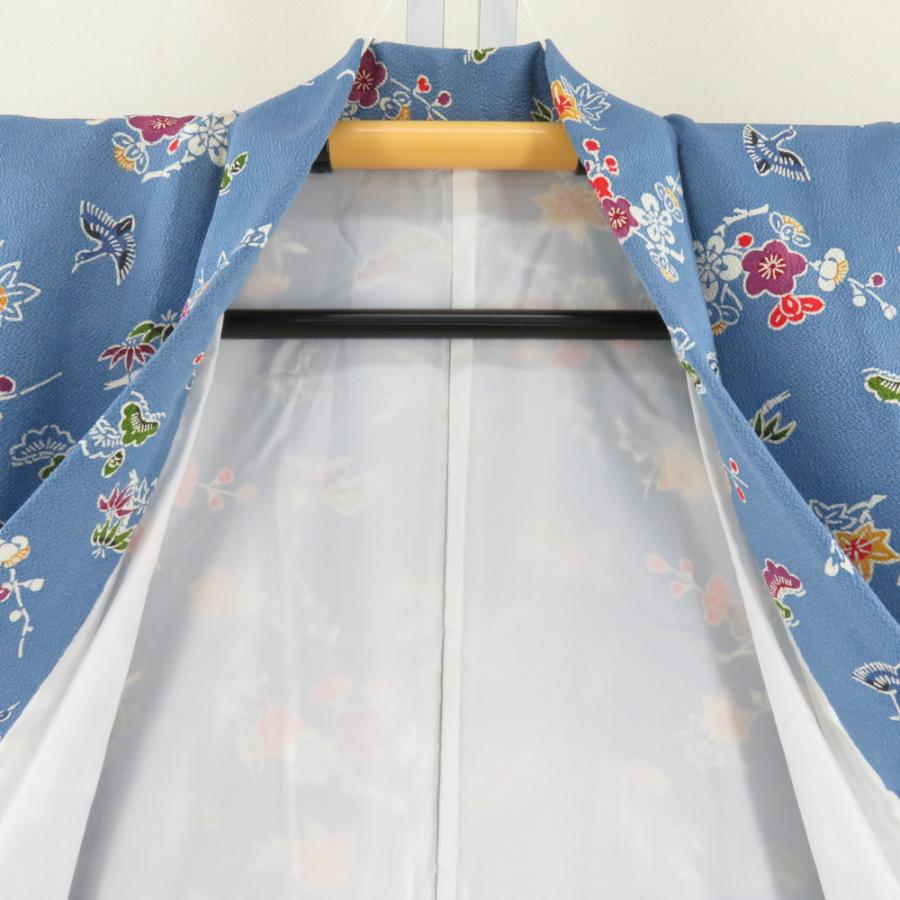 小紋 縮緬 型染め 水色x多色 松竹梅に鳥模様 正絹 バチ衿 仕立て