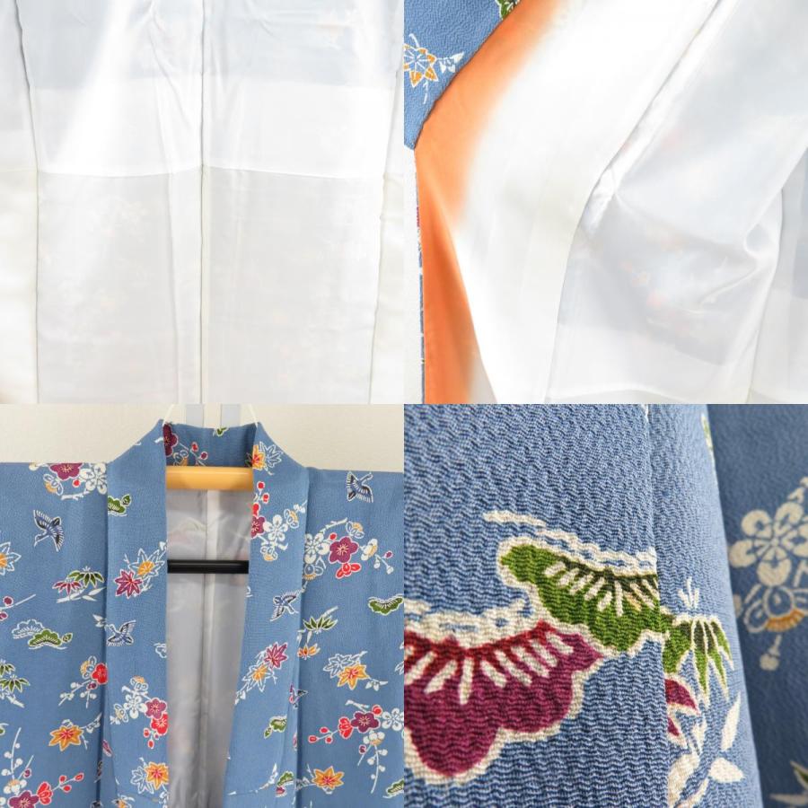 小紋 縮緬 型染め 水色ｘ多色 松竹梅に鳥模様 正絹 バチ衿 仕立て上がり着物 身丈152cm 【キモノオフ野々市若松店】 小紋 縮緬 型染め 水色x多色 松竹梅に鳥模様 正絹 バチ衿 仕立て