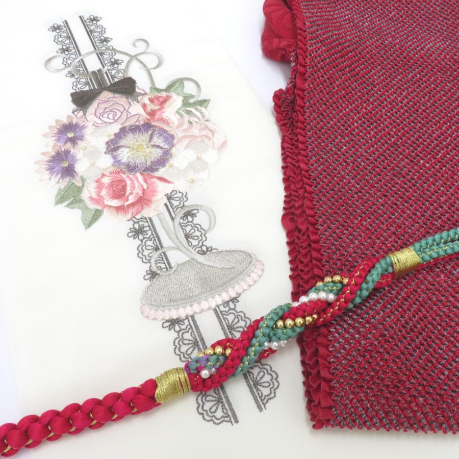 刺繍半衿 帯締め 絞り帯揚げ 3点セット 赤系 花×リボン×レース 