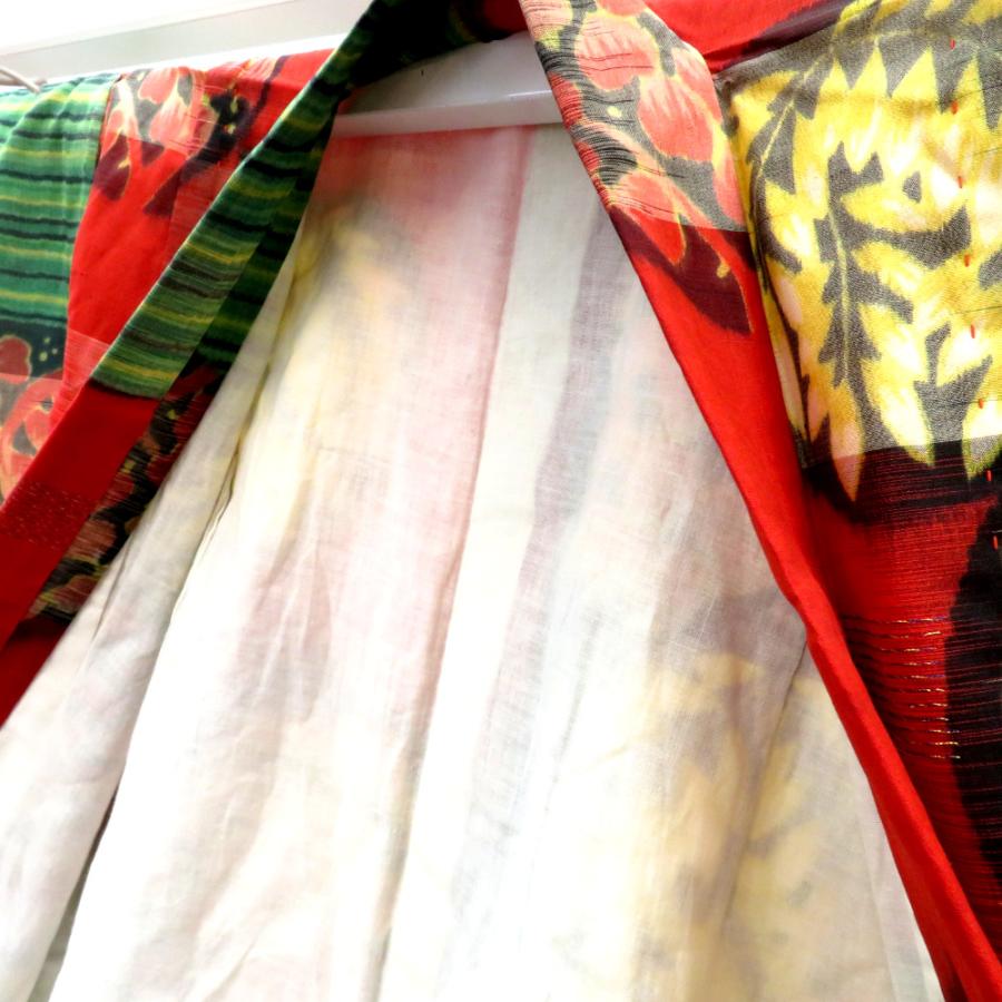 子供着物 銘仙 アンティーク 昔 女児用 赤 多色 縞 植物柄