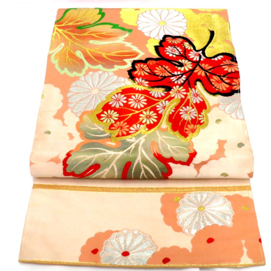 名古屋帯 アンティーク帯 昔名古屋帯 サーモンピンク 金 銀 赤 緑 白