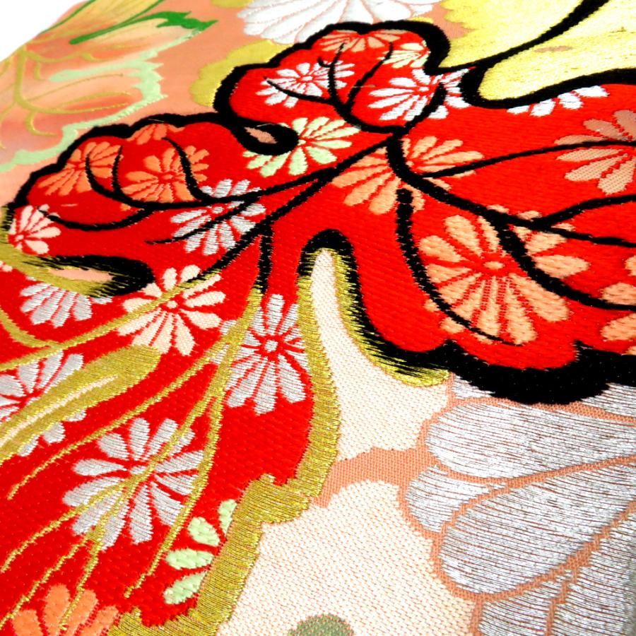 名古屋帯 アンティーク帯 昔名古屋帯 サーモンピンク 金 銀 赤 緑 白