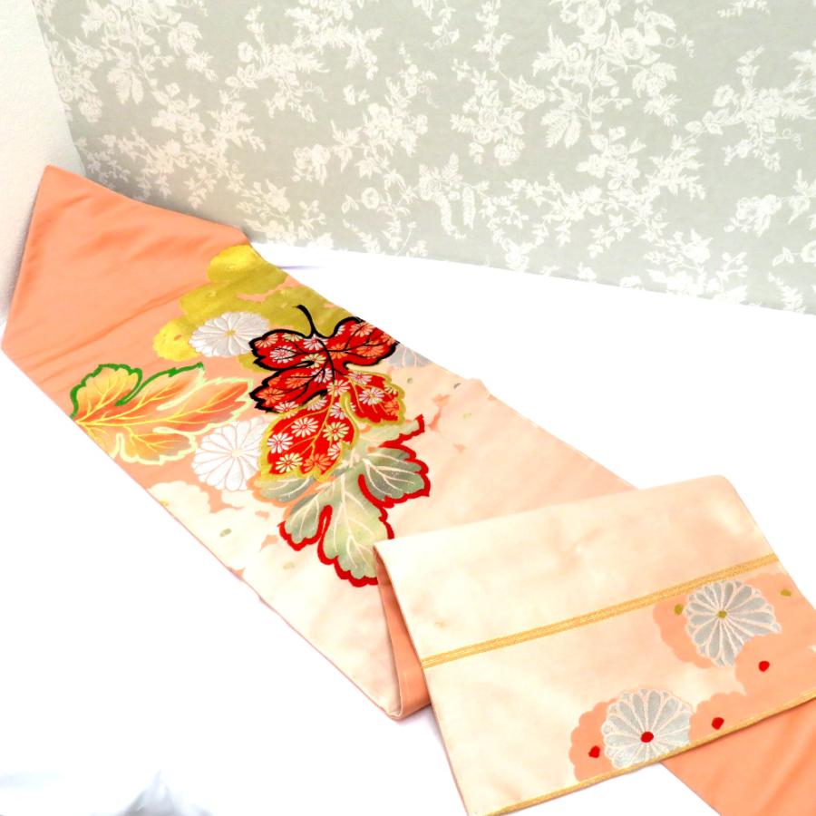 名古屋帯 アンティーク帯 昔名古屋帯 サーモンピンク 金 銀 赤 緑 白